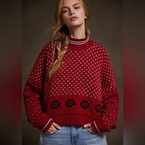 We The Free Flower Patch Sweater Size S Red Nordic Fair Isle Print Free People